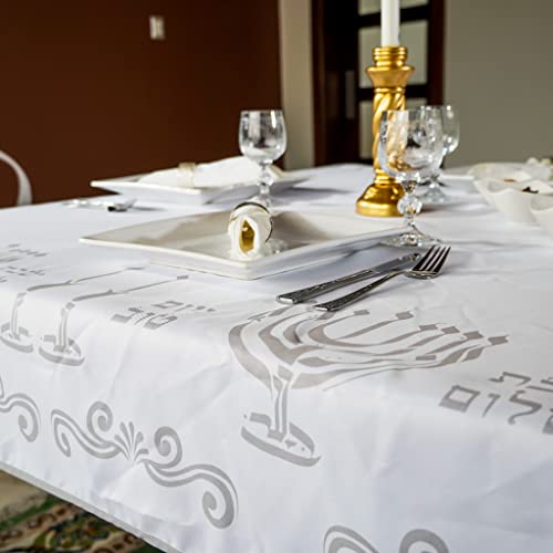Elegante weiße und silberne Chanukka-Tischdecke – große, rechteckige Größe mit Menora-Design für Passover, Shabbat Shalom und jüdische Festivals, knitterfrei, wasserdicht (147x295 cm) von Generic