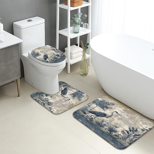 Elegantes Badezimmermatten-Set, 3-teilig, Blaureiher, Vintage, Natur, saugfähig, rutschfest, U-förmig, waschbar, Frühlingsblumen, schnell trocknend, Flanell-Badezimmerteppich-Set von Generic
