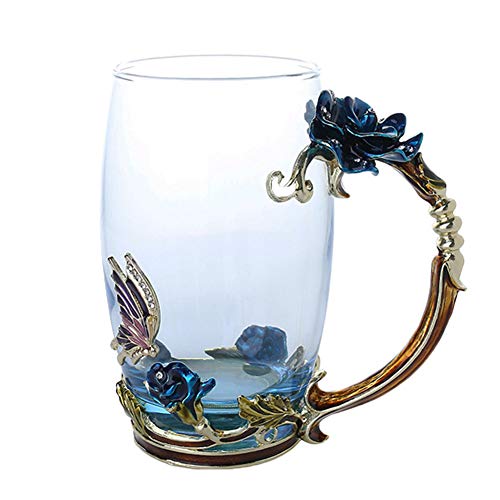 Emaille Blume Teetasse Schmetterling Blume Teetasse Sets, Glas Kaffeetassen mit Löffel, Valentinstag, Weihnachten, Geburtstag, Abschluss, Frauen, Oma, Lehrer, Freund, Geschenk, blaue Rose von Generic