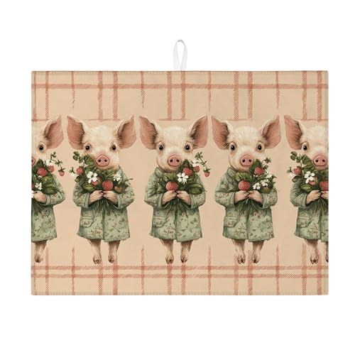 Entzückende Ferkel-Abtropfmatten für Küchentheke, niedliches Vintage-Bauernhaus-Blumen-Design, Frühlings-Heimdekoration, saugfähiges Abtropfgestell, 45,7 x 61 cm von Generic
