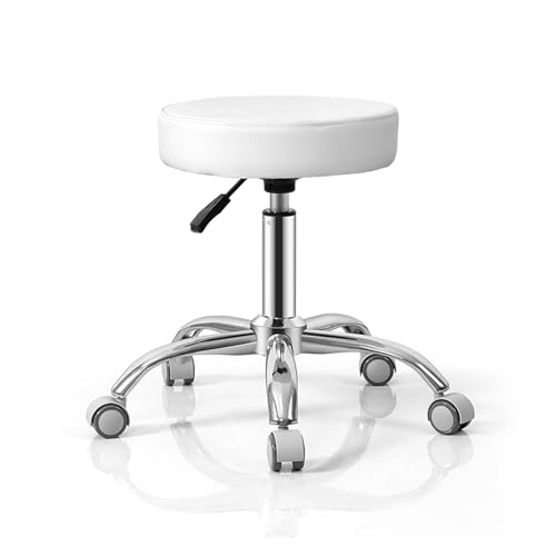 Ergonomischer Bürohocker mit Rollen Rollhocker Höhenverstellbar 45-58cm PU Leder Sitz Drehhocker für Büro Salon Massage Spa, Bis 150kg(White) von Generic