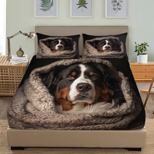 Erwachsener Bettlaken Set Spannbettlaken 180x200cm Tier Berner Sennenhund 3D Weiches Spannbetttuch Atmungsaktiv Tiefe Tasche 30cm, Schwarz Bettwäsche für Boxspringbetten mit 2 Kissenbezügen 80x80cm von Generic