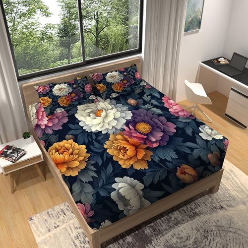 Erwachsener Spannbettlaken Set 140 x 200 cm Weiche Atmungsaktiv Microfaser Druck Spannbetttuch Retro Große Blumen Pfingstrose für Kinder Mädchen Teens Bunt Spannbettlaken Set mit 2 Kissenbezug von Generic