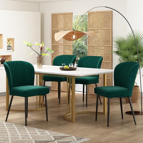Essgruppe,(Set,140×80×75cm Esstisch mit 4 Stühlen), Moderner Küchentisch Set,Dunkelgrün Samt Esszimmerstühle, Polsterstuhl Design Stuhl mit Rückenlehne,MDF Tischplatte in Weißer,Golden Tischbeine von Generic