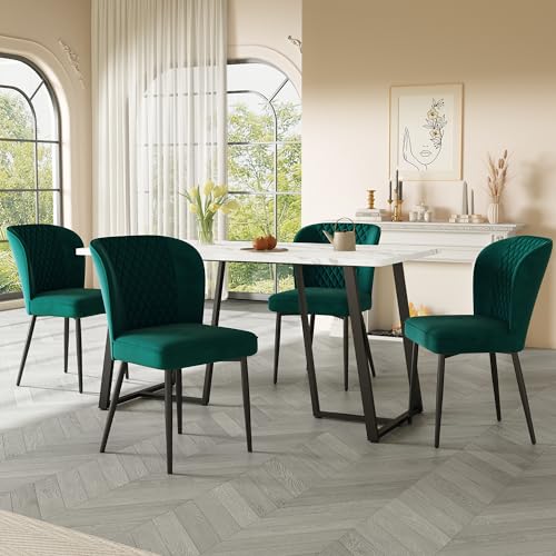 Essgruppe,(Set,140×80×75cm Esstisch mit 4 Stühlen), Moderner Küchentisch Set,Dunkelgrün Samt Esszimmerstühle, Polsterstuhl Design Stuhl mit Rückenlehne,MDF Tischplatte in Weißer,Schwarz Tischbeine von Generic