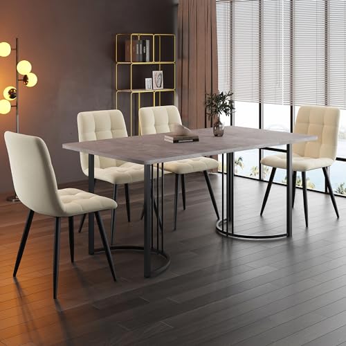 Essgruppe 5-TLG MDF Tischplatte Rechteckiger Esstisch mit 4 Stühlen für 4 Personen Moderner Küchentisch Set für Esszimmer Wohnzimmer Grau + Beige 140x80x75 cm von Generic