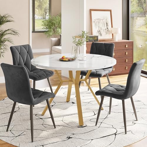 Essgruppe 5-teilig Modernes rundes Esstisch-Set mit Marmor-MDF Platte, 4 ergonomische Wildlederstühle, schwarzes Metallgestell, stilvolles Esszimmer- und Küchenmöbel Essgruppe 5-teilig Modernes rundes Esstisch-Set mit Marmor-MDF Platte, 4 ergonomische Wildlederstühle, schwarzes Metallgestell, stilvolles Esszimmer- und Küchenmöbel von Generic