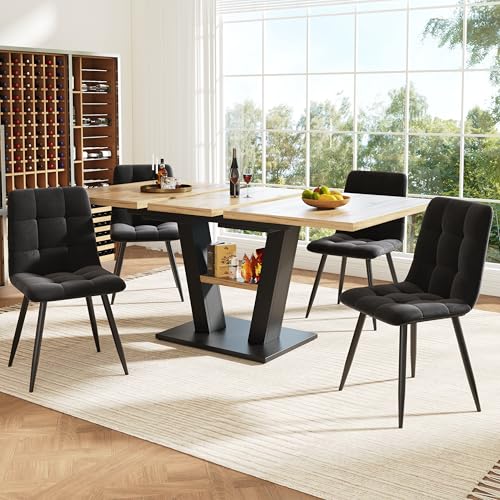 Essgruppe 5-teilig für 4 Personen Ausziehbares Esstisch mit 4 Stühlen Set Rechteckiger Küchentisch V-Beinen Samt Esszimmerstühle mit Rückenlehne Holzfarbe + Schwarz 157x70x75 cm von Generic