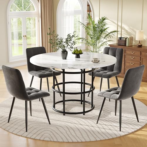 Essgruppe 5-teilig für 4 Personen Runder Esstisch mit 4 Samt Stühlen mit Rückenlehne Esszimmergruppe MDF-Tischplatte für Küche Esszimmer Wohnzimmer Schwarze Tischbeine 1101 von Generic