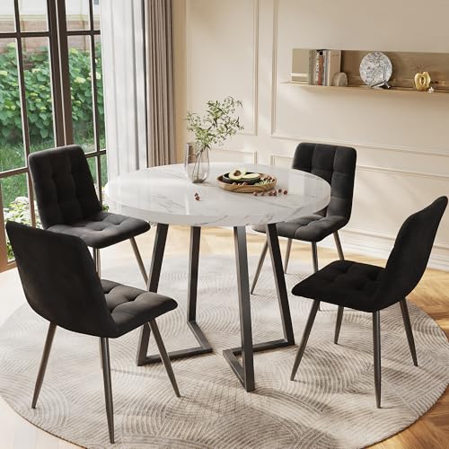 Essgruppe 5-teilig mit Runder Esstisch Marmormuster 4 Stühlen mit Rückenlehne für 4 Personen MDF-Tischplatte Metallbeinen für Küche Esszimmer Wohnzimmer Schwarz 1101+ Schwarz von Generic