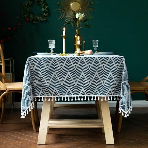 Esszimmer Tischdecke 120 Zoll, Bauernhaus Tischdecke Polyester 8-10 Sitze Welle Mit Fransen, Navy Blue, 90x90CM Esszimmer Tischdecke 120 Zoll, Bauernhaus Tischdecke Polyester 8-10 Sitze Welle Mit Fransen, Navy Blue, 90x90CM von Generic