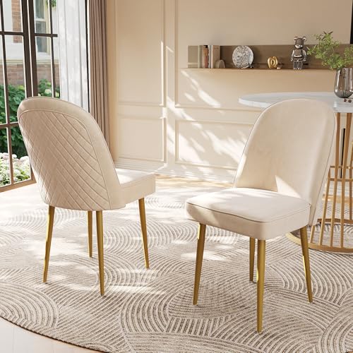 Esszimmerstühle Samt goldene Metallbeine Loungesessel für Wohnzimmer Esszimmer Schlafzimmer Küche Arbeitszimmer Polsterstuhl bis 150 kg belastbar 2er Set Beige von Generic