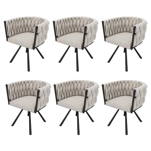 Esszimmerstühle Set 360° Drehbar Lounge Sessel mit 4 Metallstützbeinen Armlehnstuhl für Wohnzimmer Schlafzimmer Büro Studie Freizeit-Drehstuhl bis 150 kg belastbar 6-teilig Beige Leinen von Generic