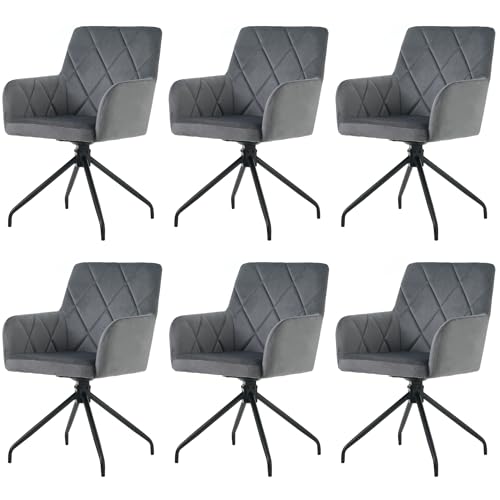 Esszimmerstühle Set 360° Drehbarer Rautenmuster Samt Lounge-Stuhl für Esszimmer Küchen Wohnzimmer Gepolsterter Sessel mit 4 Metallbeinen Lendenwirbelstütze 6-teilig Grau von Generic