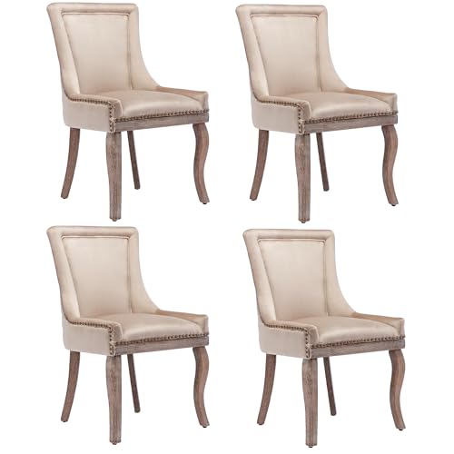 Esszimmerstühle Set mit Nagelkopfbesatz Beinen aus Massivholz Polsterstuhl Bezug aus Samt Loungesessel für Wohnzimmer Küche Freizeitstuhl bis 150 kg belastbar 4-teilig Beige von Generic