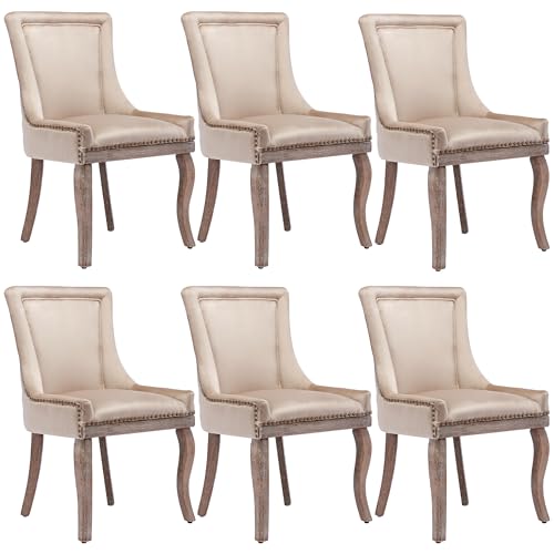 Esszimmerstühle Set mit Nagelkopfbesatz Beinen aus Massivholz Polsterstuhl Bezug aus Samt Loungesessel für Wohnzimmer Küche Freizeitstuhl bis 150 kg belastbar 6-teilig Beige von Generic