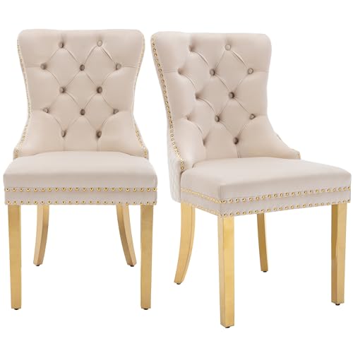 Esszimmerstühle mit Nagelkopfbesatz Samt Polsterstuhl Stützbeine aus vergoldetem Edelstahl Loungesessel für Wohnzimmer Esszimmer Küchen bis 150 kg Belastbar 2er Set Beige von Generic
