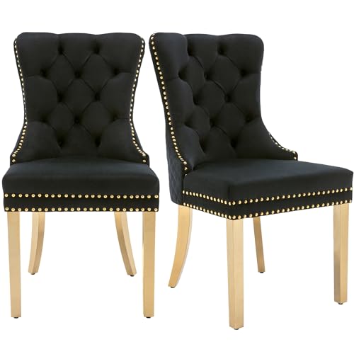 Esszimmerstühle mit Nagelkopfbesatz Samt Polsterstuhl Stützbeine aus vergoldetem Edelstahl Loungesessel für Wohnzimmer Esszimmer Küchen bis 150 kg Belastbar 2er Set Schwarz+Gold von Generic