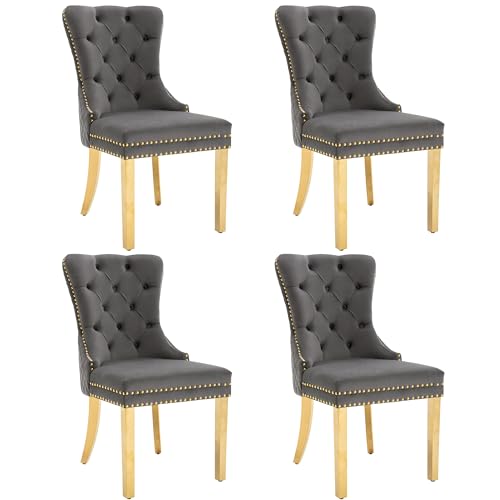 Esszimmerstühle mit Nagelkopfbesatz Samt Polsterstuhl Stützbeine aus vergoldetem Edelstahl Loungesessel für Wohnzimmer Esszimmer Küchen bis 150 kg Belastbar 4er Set Grau von Generic
