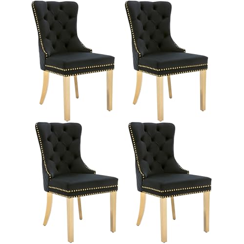 Esszimmerstühle mit Nagelkopfbesatz Samt Polsterstuhl Stützbeine aus vergoldetem Edelstahl Loungesessel für Wohnzimmer Esszimmer Küchen bis 150 kg Belastbar 4er Set Schwarz+Gold von Generic