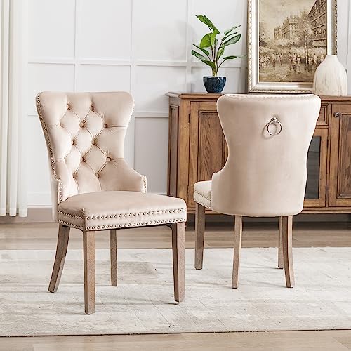 Esszimmerstühle mit einzigartigem Türklopfer auf der Rückseite Polsterstuhl mit Nagelkopfbesatz Beinen aus Massivholz Loungesessel für Wohnzimmer Esszimmer Küchen 2er Set Beige von Generic