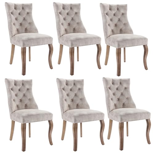 Esszimmerstuhl Set mit Rückenlehne Sitzfläche aus Samt Loungesessel mit Knopfsteppung Gestell aus Massivholz Polsterstuhl für Wohnzimmer Küchen bis 150 kg Belastbar 6-teilig Hellbeige von Generic