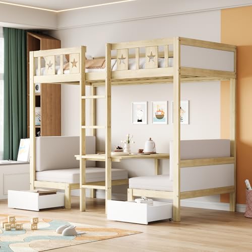 Etagenbett 200x90 cm mit 2 großen Schubladen Bett/Schreibtisch 2 in 1 Hochbett mit Leiter selbst gepolstert Einzelbett Lattenrost Holz Jugendbett Gästebett Holzfarbe von Generic