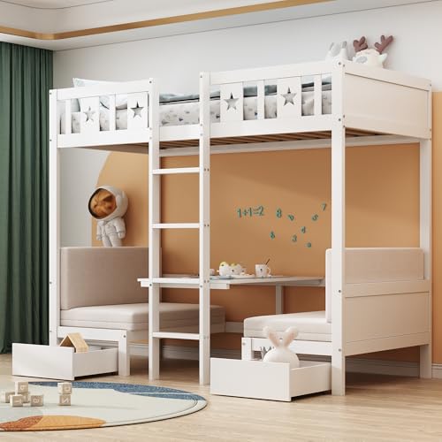 Etagenbett 200x90 cm mit 2 großen Schubladen Bett/Schreibtisch 2 in 1 Hochbett mit Leiter selbst gepolstert Einzelbett Lattenrost Holz Jugendbett Gästebett weiß von Generic