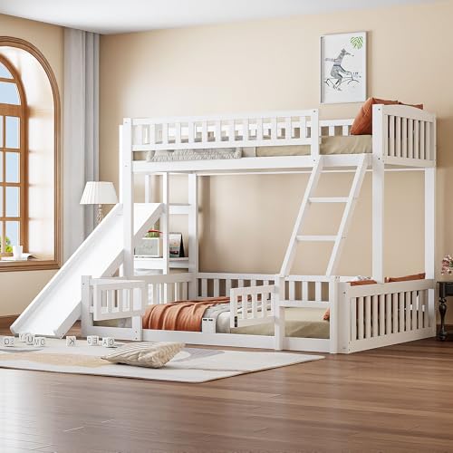 Etagenbett 90 x 200cm und 140 x 200cm Hochbett mit Geländer Rutsche Stufen Mehrere Regale Ausziehbare kleine Tür Doppelbett Kiefernholz Bodenbett Gästebett Weiß 140x200 cm von Generic