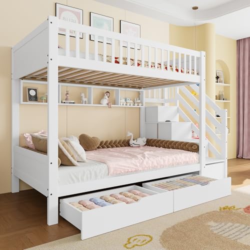 Etagenbett 90x200 cm mit Kleiderschrank Staufach Regal Stauraumtreppe Hochbett mit Holz Lattenrost Doppelbett für Erwachsene Jugendliche Gästebett ohne Matratze Weiß mit Schublade Etagenbett 90x200 cm mit Kleiderschrank Staufach Regal Stauraumtreppe Hochbett mit Holz Lattenrost Doppelbett für Erwachsene Jugendliche Gästebett ohne Matratze Weiß mit Schublade von Generic