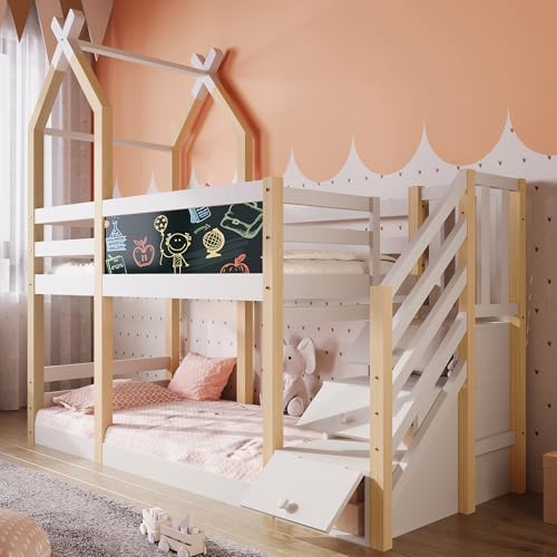 Etagenbett Massivholz im Baumhaus Design mit Tafel und Stauraum, Hochbett mit sicherem Treppenschrank und Rausfallschutz, Stabiler Bettrahmen mit Lattenrost von Generic