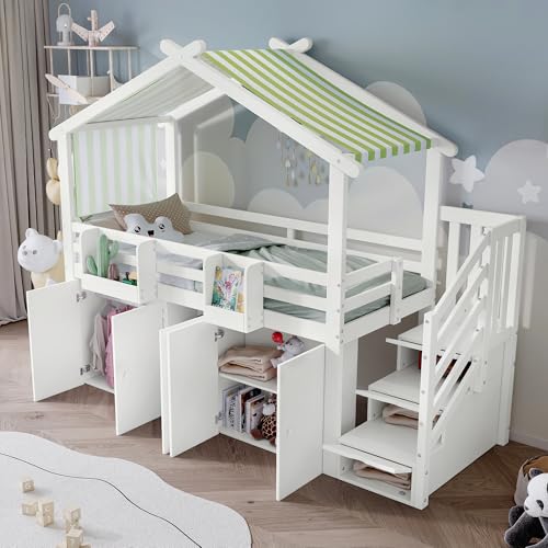 Etagenbett mit Stauraumtreppe und Schränken, Massivholzbett aus Kiefer MDF Sperrholz, platzsparendes Hochbett mit Fallschutzgitter und integriertem Kleiderschrank von Generic