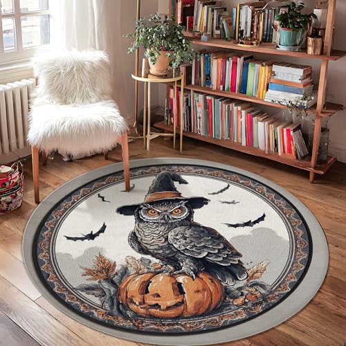 Eulen-Teppich, Halloween, Gothic-Kürbishut, Halloween, Orange, niedriger Flor, rund, Fußmatte, Überwurf, Teppich, Kanteneinfassung, Badezimmer, Tür, Eingang, Nachttisch, Dekoration, 122 x 122 cm Eulen-Teppich, Halloween, Gothic-Kürbishut, Halloween, Orange, niedriger Flor, rund, Fußmatte, Überwurf, Teppich, Kanteneinfassung, Badezimmer, Tür, Eingang, Nachttisch, Dekoration, 122 x 122 cm von Generic