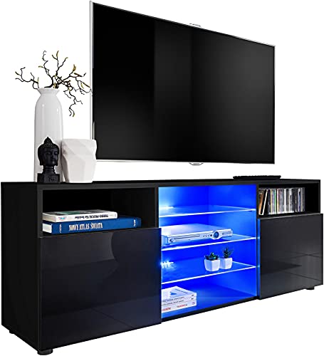 ExtremeFurniture T38 TV Lowboard, Karkasse in Schwarz Matt/Front in Schwarz Hochglanz mit LED in Blau von Generic