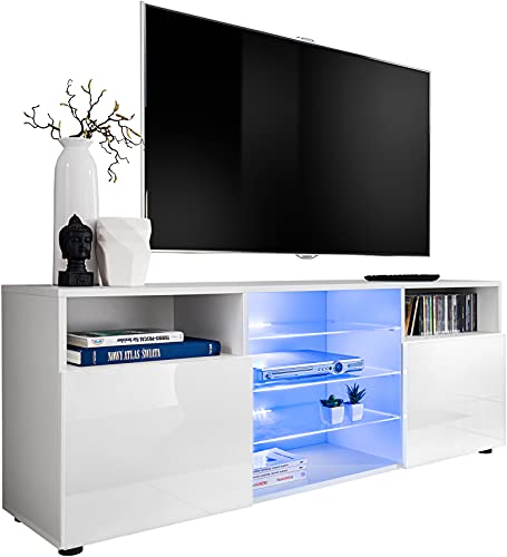 ExtremeFurniture T38 TV Lowboard, Karkasse in Weiß Matt/Front in Weiß Hochglanz mit LED in RGB von Generic