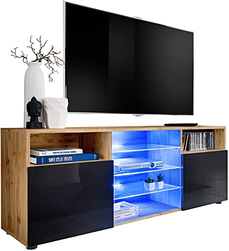 ExtremeFurniture T38 TV Lowboard, Karkasse in Wotan Matt/Front in Schwarz Hochglanz ohne LEDs von Generic