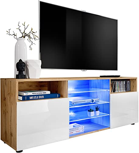 ExtremeFurniture T38 TV Lowboard, Karkasse in Wotan Matt/Front in Weiß Hochglanz mit LED in RGB von Generic