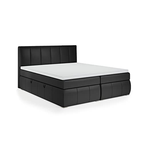 FEDVE Boxspringbett 180x200 Schwarz Öko-Leder – Leo – Dauerhaft Bett mit Bettkasten – Praktisches Doppelbett mit Stauraum für Viele Jahr - Kopfteil Bett mit Matratze zum Schlafzimmer von Generic