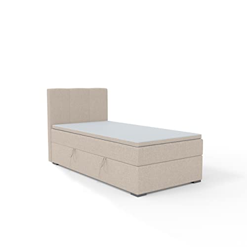 FEDVE Boxspringbett 90x200 Beige – Gandia Mini Praktisches Bett mit Bettkasten Links Gemütlich Kopfteil Matratze Einzelbett zum Schlafzimmer, 200x90 cm Links von Generic