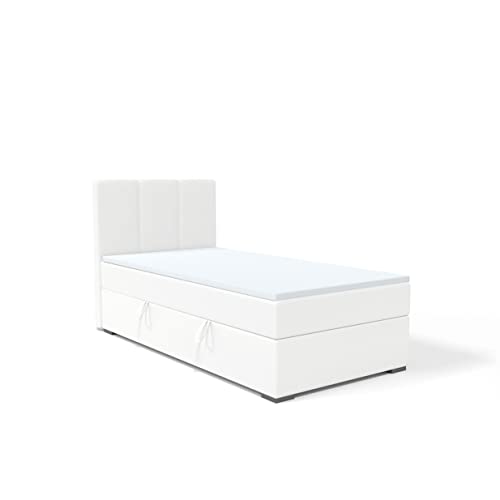 FEDVE Boxspringbett 90x200 Weiß Öko-Leder – Gandia Mini – Praktisches Bett mit Bettkasten Rechts – Gemütlich Kopfteil Bett mit Matratze – Einzelbett zum Schlafzimmer von Generic