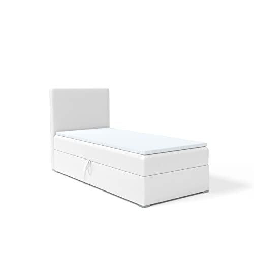 FEDVE Boxspringbett 90x200 cm Weiß Öko-Leder - Kolorado – Dauerhaft Bett mit Bettkasten Links – Praktisches Einzelbett für Viele Jahr – Kopfteil Bett mit Stauraum zum Schlafzimmer von Generic