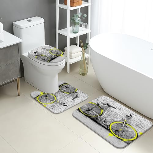 Fahrrad-Badematten-Set, 3-teilig, künstlerisches gelbes Fahrrad-Motiv, saugfähig, rutschfest, WC-Vorleger, U-förmig, waschbar, modern, schnell trocknend, Memory-Schaum, Badezimmerteppich-Set von Generic