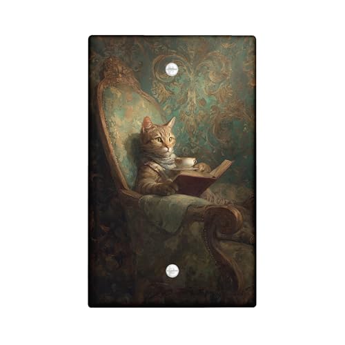 Fanciful Cat Lichtschalter-Abdeckplatte, Vintage-Kunst-Stil, Heimdekoration, antikes Grün, gemütliche Leseecken-Akzente, thermoplastische Wandplatten, Standard-Größe, blanko Abdeckplatte von Generic