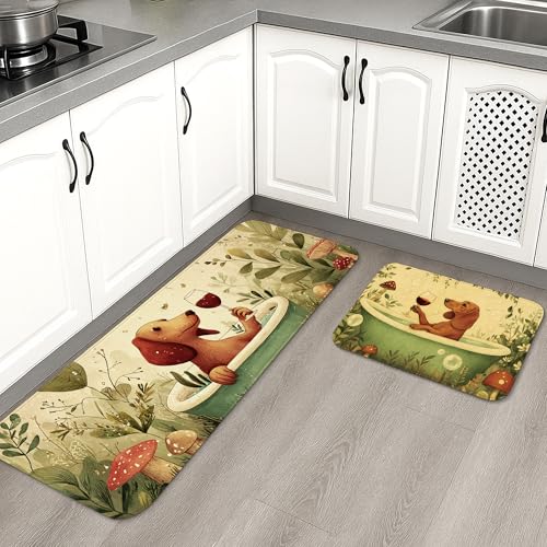 Fanciful Hunde-Küchenmatten, weich gepolsterte Bodenteppiche mit Retro-Cartoon-Design, rutschfeste Matte für Küchenspüle, Waschküche und Badezimmer, 2 Stück von Generic