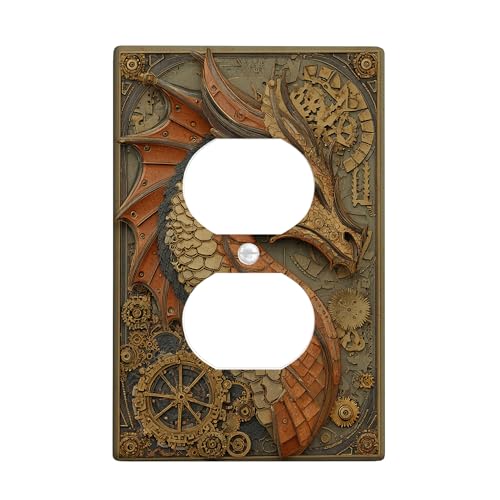 Fantasy Dragon Lichtschalter-Abdeckplatte, rustikales braunes Steampunk-Design für Heimdekoration, thermoplastische Wandplatten, Standardgröße, Einzel-Duplex-Steckdose von Generic