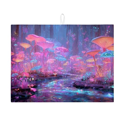 Fantasy Pilz-Abtropfmatte für Küchentheke, bunter Wald-inspiriert, saugfähiges Abtropfgestell, lebendige Mikrofaser-Abtropfmatte für saisonale Dekoration, 45,7 x 61 cm von Generic