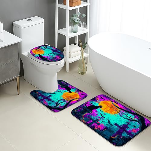Farbenfrohes Badezimmermatten-Set, 3-teilig, abstrakte Kunst, rutschfest, U-förmig, waschbar, lebendig, modern, schnell trocknend, Flanell-Badezimmerteppich-Set von Generic
