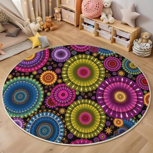 Farbige Kreise Teppich Rund 100 cm Mandala-Stil rutschfest Teppiche Wohnzimmer Runder Waschbar Teppiche Kurzflor Weich Runder Teppich Gelb for Wohnzimmer Studie Heimbüro von Generic