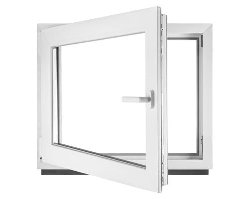 Fenster Kellerfenster Kunststofffenster Kunstoff weiß BxH 80 x 55 cm DIN Links - ALLE GRÖßEN - 2 fach Verglasung BxH 800 x 550 mm - Funktion Dreh-Kipp - BauPlaza von Generic