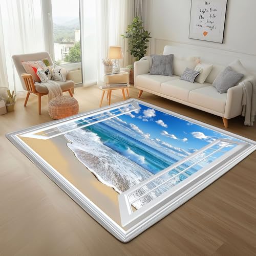 Fensterblick Strand Wellen Teppich Wohnzimmer 80x150cm, Flauschiger Kurzflor Teppich Waschbarer Moderner Marineblaue Landschaft rutschfest Teppiche für Esszimmer Schlafzimmer von Generic